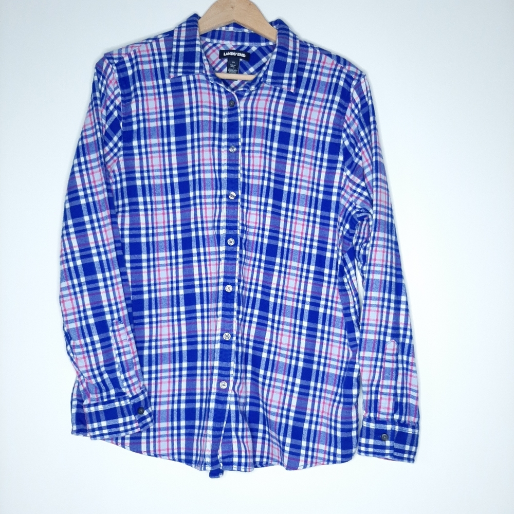 Lands' End Flannel Plaid Button Front Shirt 100% Cotton Pink Blue White Size 16